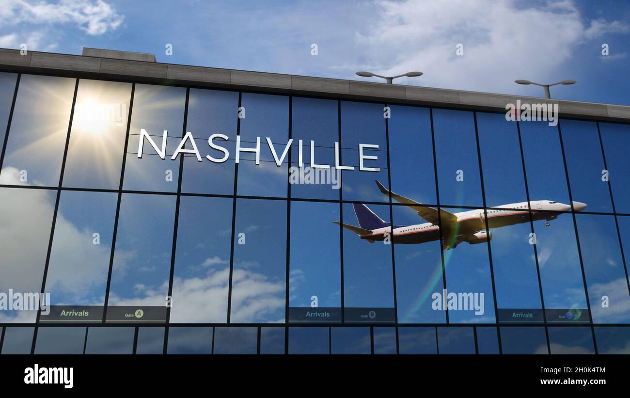 Aircraft landing at Nashville, Tennessee, USA 3D rendering illustration. Arrival in the city with the glass airport terminal and reflection of jet pla Stock Photo