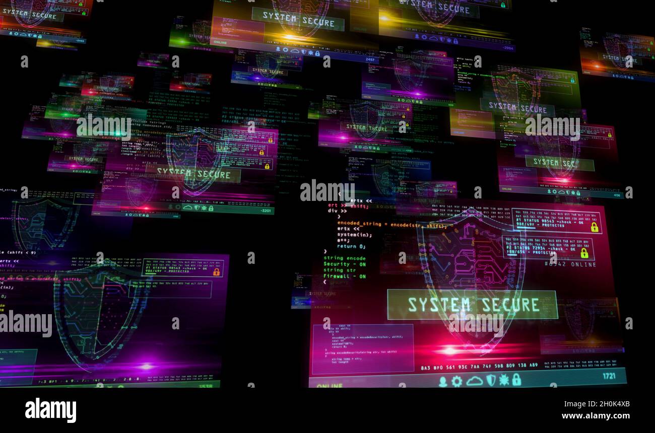Cyber security with shield symbol alert on computer screens. Internet ...