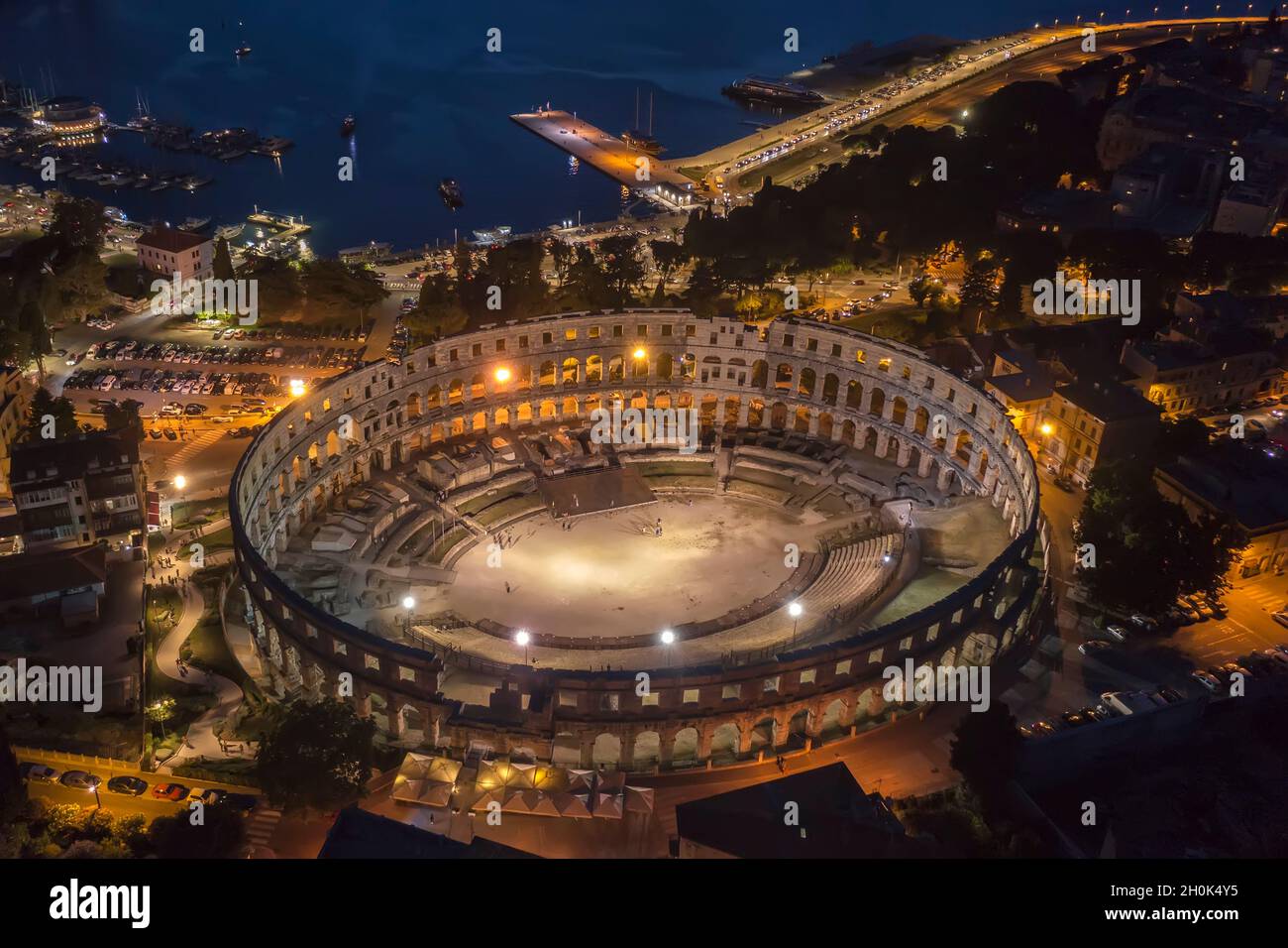 an aerial view of Pula aphitheatre by night, Istria, Croatia Stock Photo