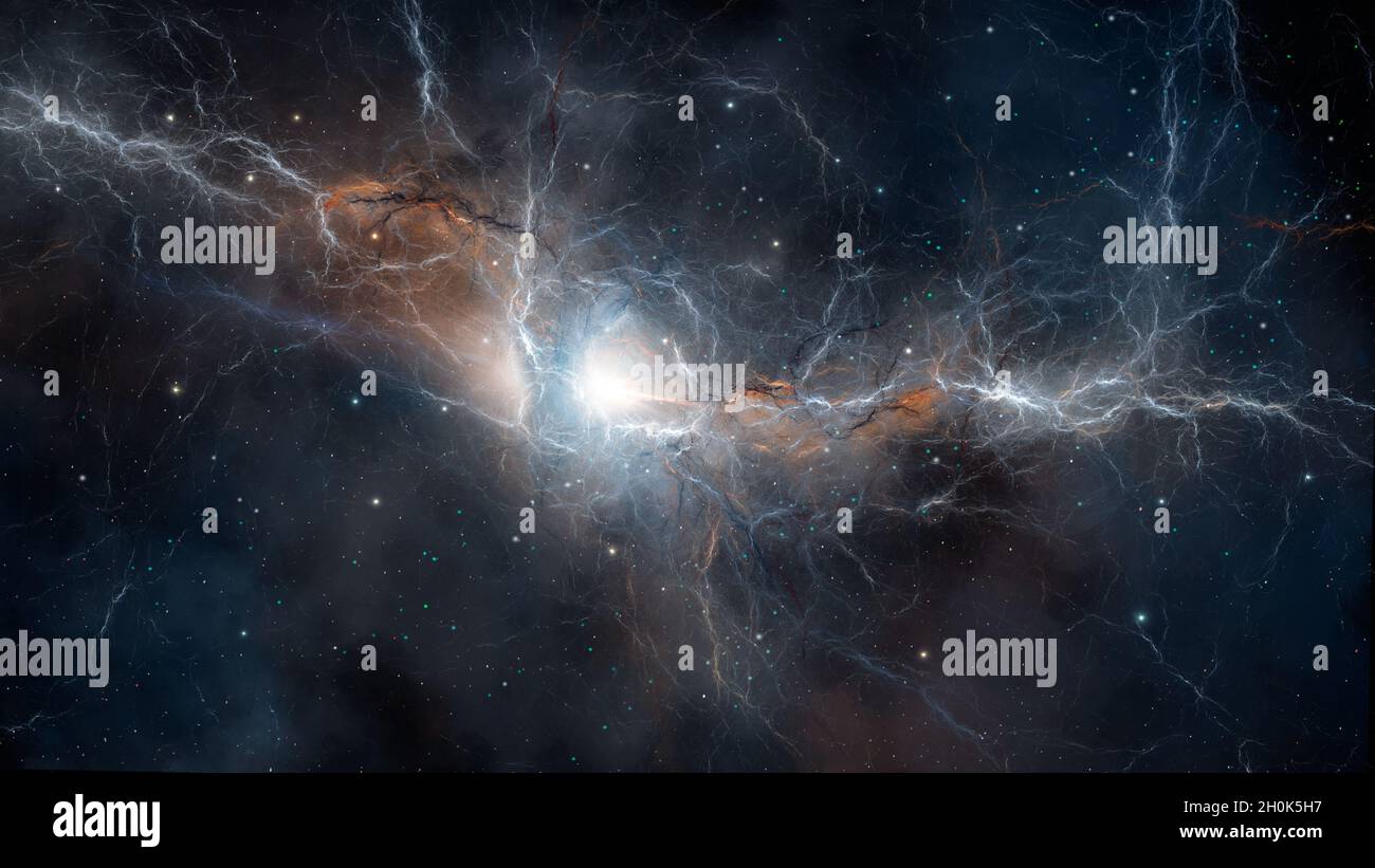 Space background. Colorful fractal nebula in orange and blue color with ...