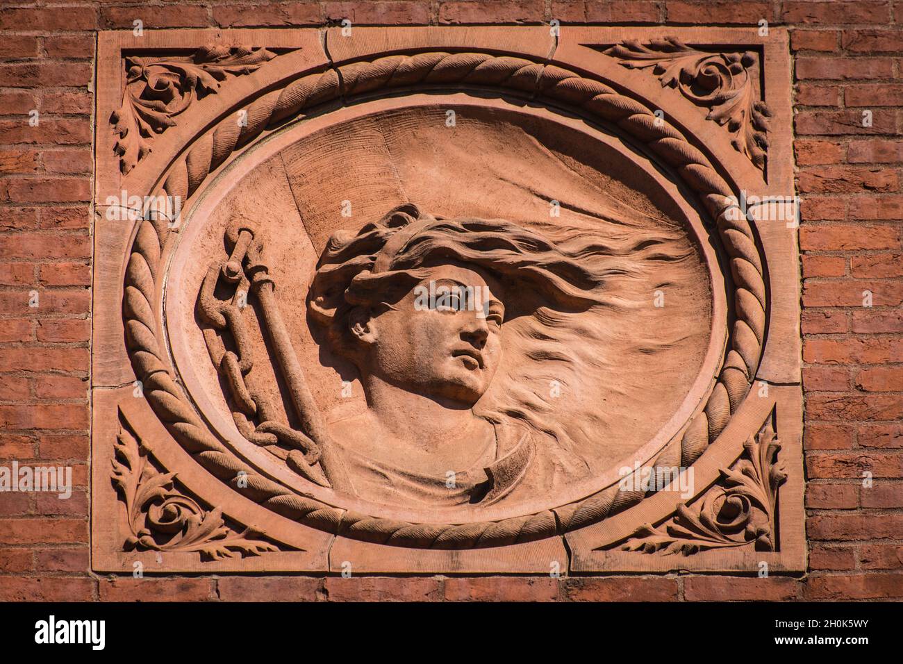 Exterior Sandstone Carving - Howard Steamboat Museum - Jeffersonville - Indiana Stock Photo