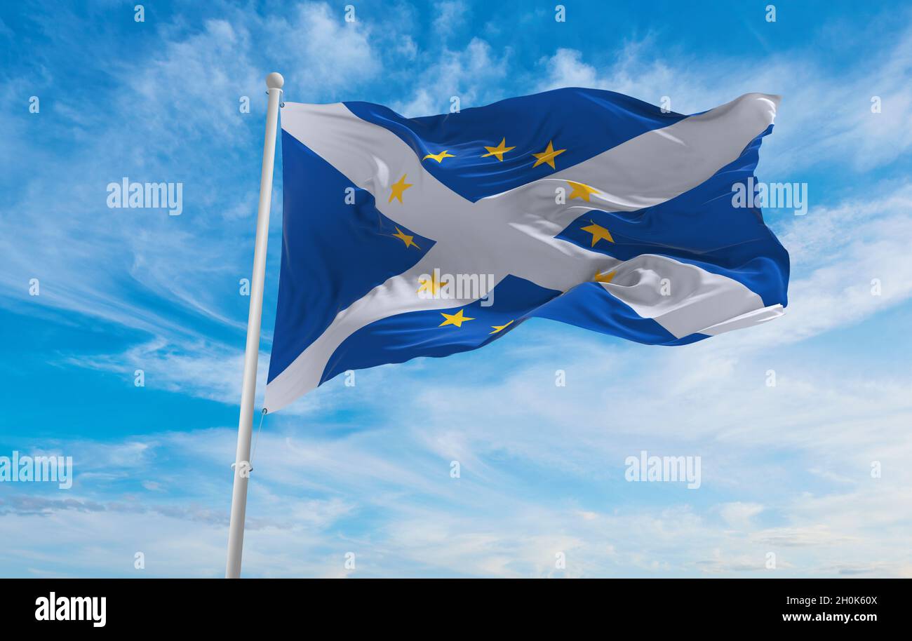 Scotland and European Union flag at cloudy sky background on sunset. panoramic view. united kingdom of great Britain, England. copy space for wide ban Stock Photo