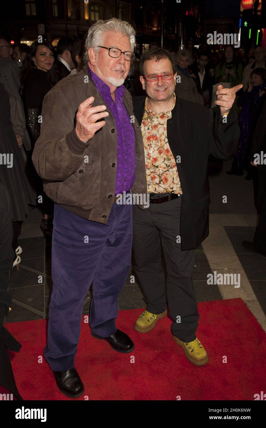 Rolf Harris and Timmy Mallet attending the opening of 'The Umbrellas Of Cherbourg' at the Gielgud Theatre on Shaftsbury Avenue, London. Stock Photo