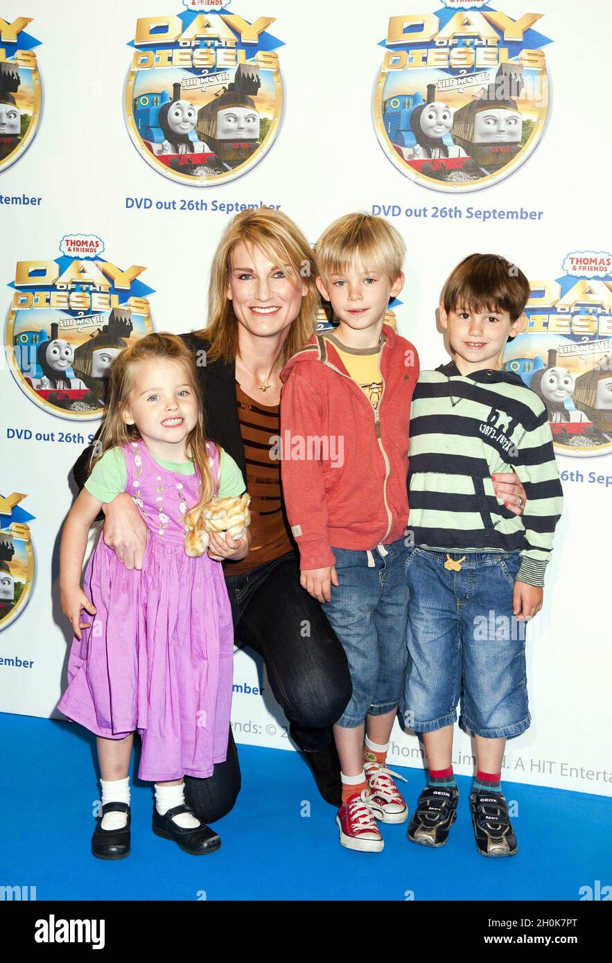 Sally Bercow and children Jemima, Oliver and Freddie arriving at the  Premiere of the new 'Thomas and Friends: Day of the Diesels' at the Vue  Cinema in Leicester Square, London Stock Photo -