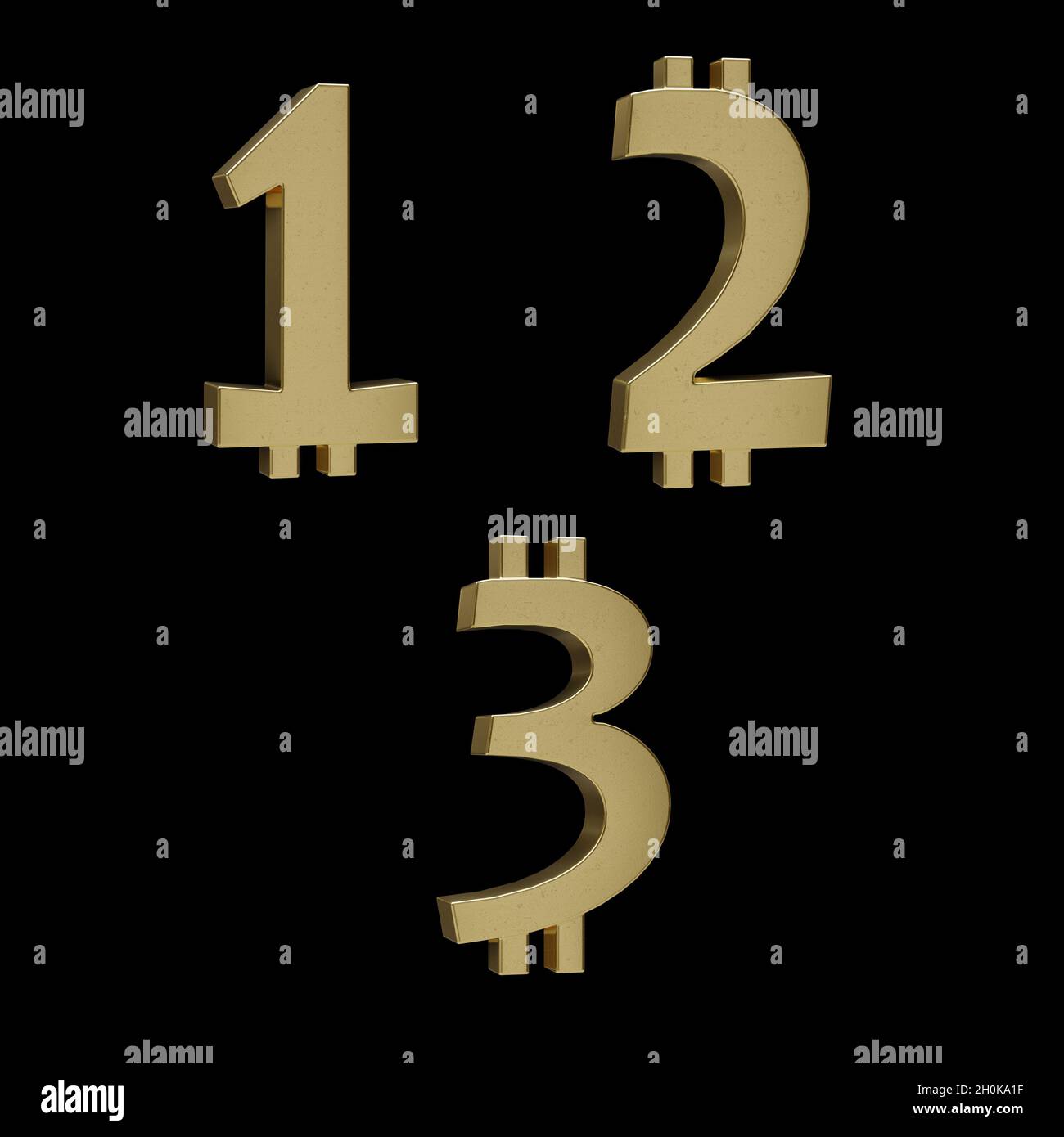 3D rendering of golden metal Bitcoin alphabet on black background - digits 1-3 Stock Photo