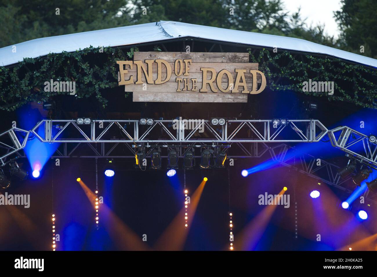General view of the Woods Stage sign at 'End Of The Road' Festival - Larmer Tree Gardens, Dorset Stock Photo
