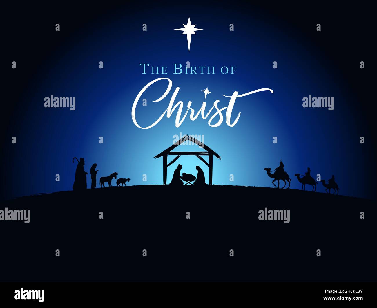 The Birth of Christ with shepherds and wise man. Nativity scene, silhouette Jesus in manger on night sky background. Christmas story Mary Joseph and b Stock Vector