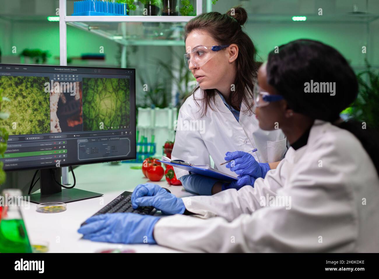 Multiethnic group of biologists analyzing plant based experiment on