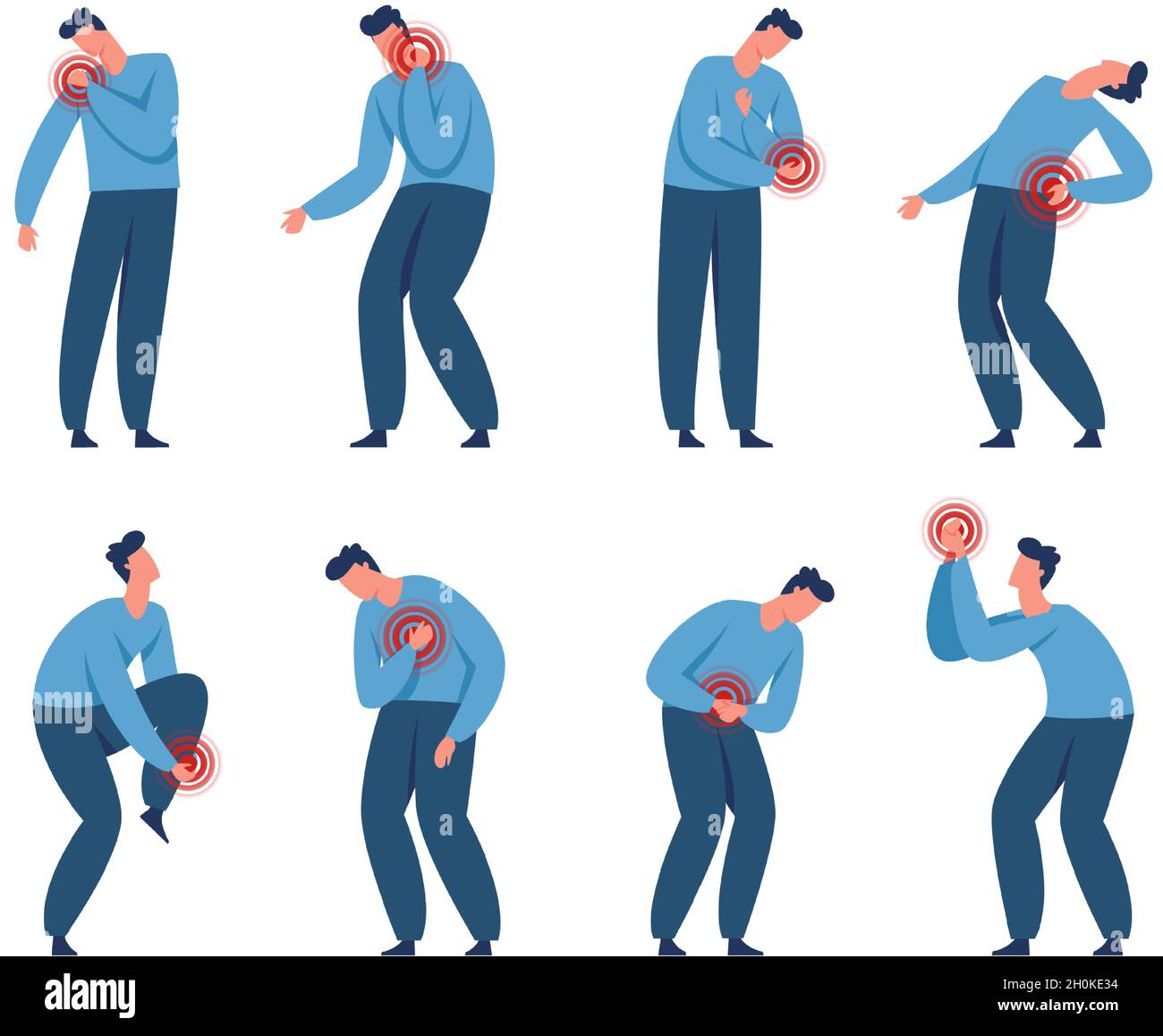 Man in pain, male character suffering from various body aches. Person