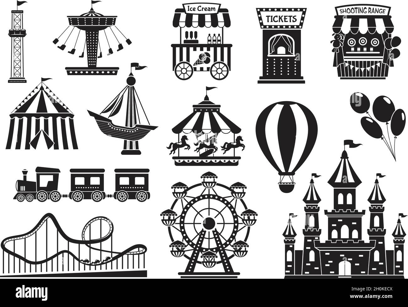 Amusement park silhouette elements, carnival fairground attractions. Kids carousel, roller coaster, circus tent, funfair rides icon vector set. Ferris wheel for fun and entertainment Stock Vector