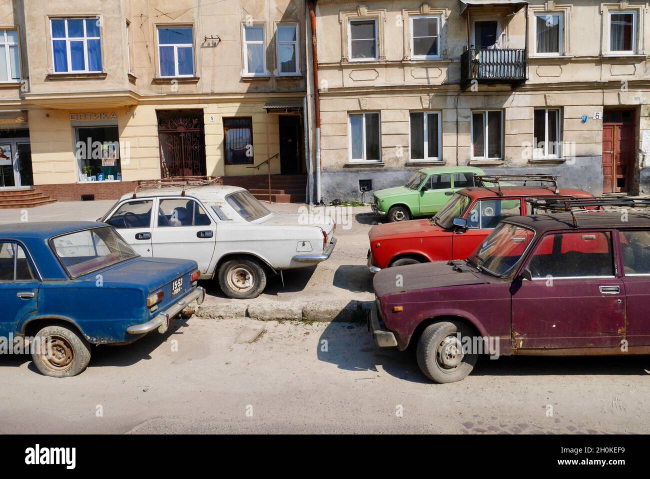 Lviv, Ukraine, 6.04.2019. Colorful vintage cars in the streets of Lviv