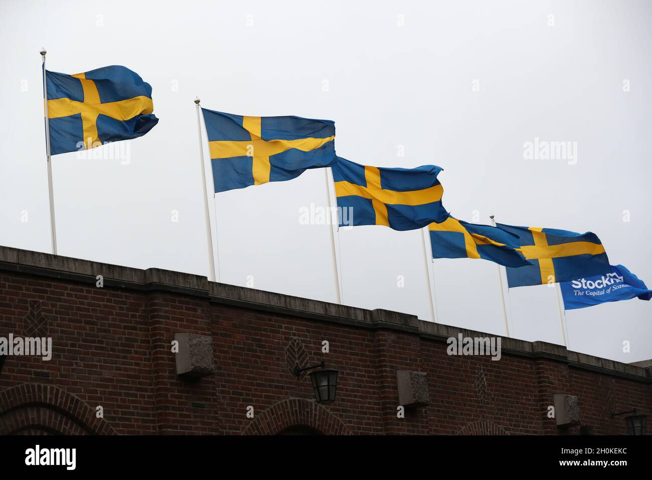 Swedish flags at Stockholm stadion during the 42nd edition of the ASICS  Stockholm Marathon. One week before the race, 12,018 had registered for the  race, of which 3,405 were women. This year,