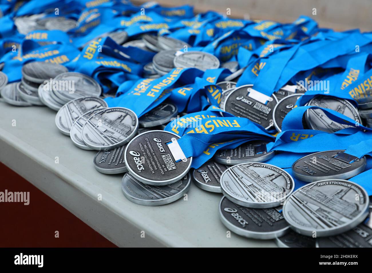 Medals at Stockholm stadion during the 42nd edition of the ASICS Stockholm  Marathon. One week before the race, 12,018 had registered for the race, of  which 3,405 were women. This year, participants