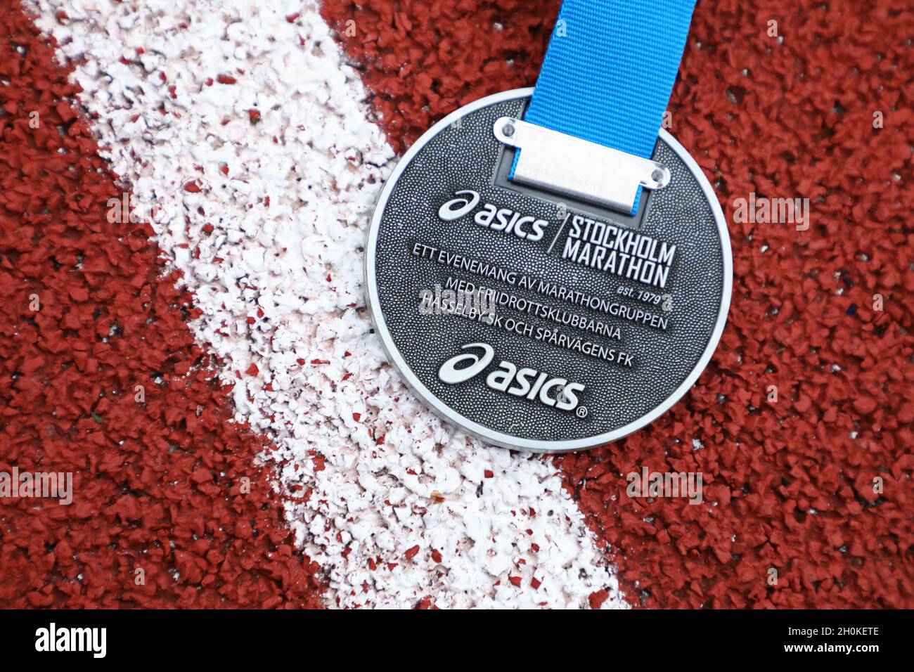Medals at Stockholm stadion during the 42nd edition of the ASICS Stockholm  Marathon. One week before the race, 12,018 had registered for the race, of  which 3,405 were women. This year, participants