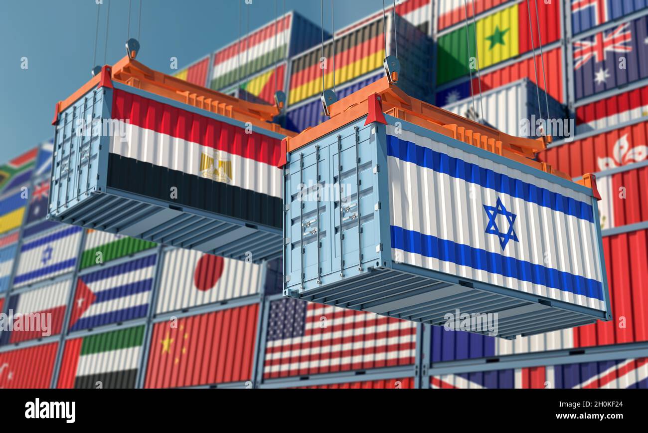 Freight containers with Egypt and Israel national flags. 3D Rendering Stock Photo