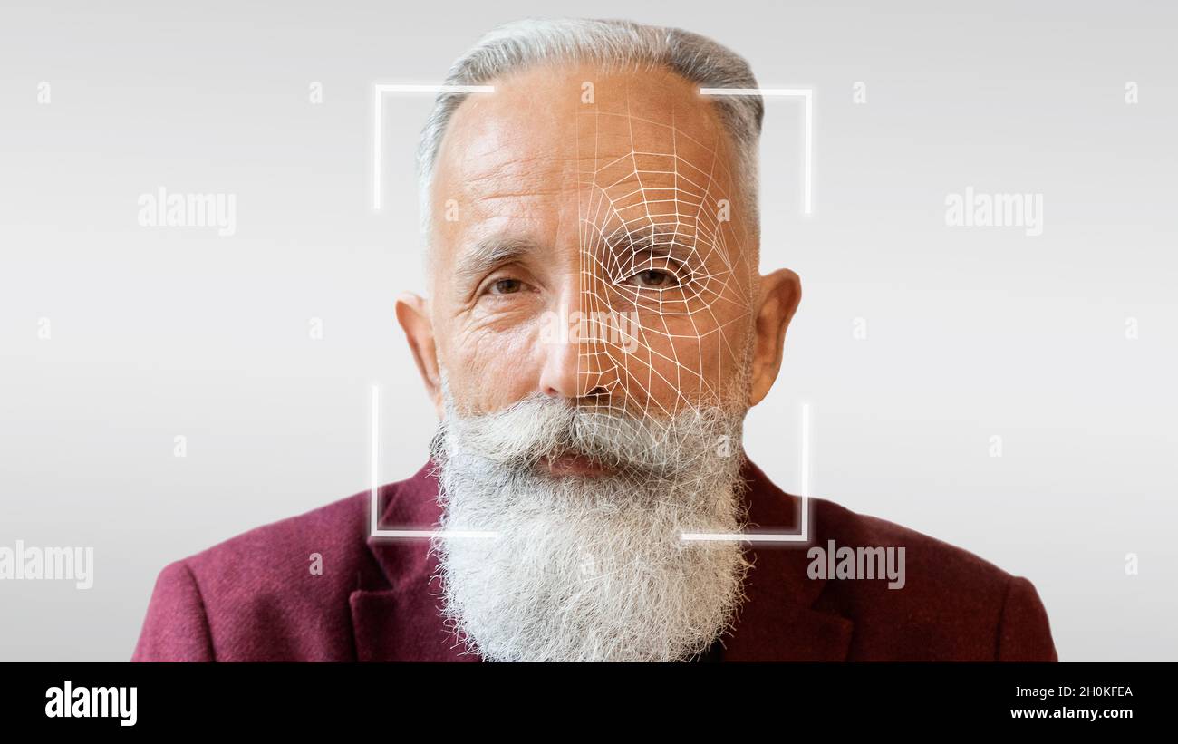 Old stylish man with beard, double exposure facial recognition Stock Photo