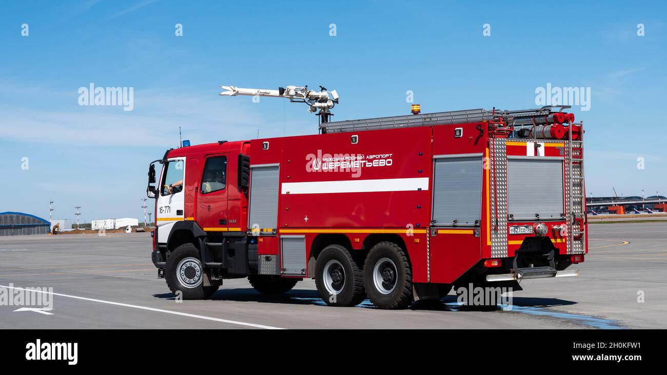 May 11, 2021 Moscow, Russia. A fire truck on the airfield of the Sheremetyevo airport in Moscow. Stock Photo