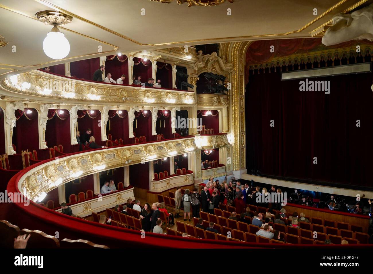 Lviv, Ukraine, 7.04.2019. Audience in the auditorium of National Opera Lviv. Opera gallery with audience. Stock Photo