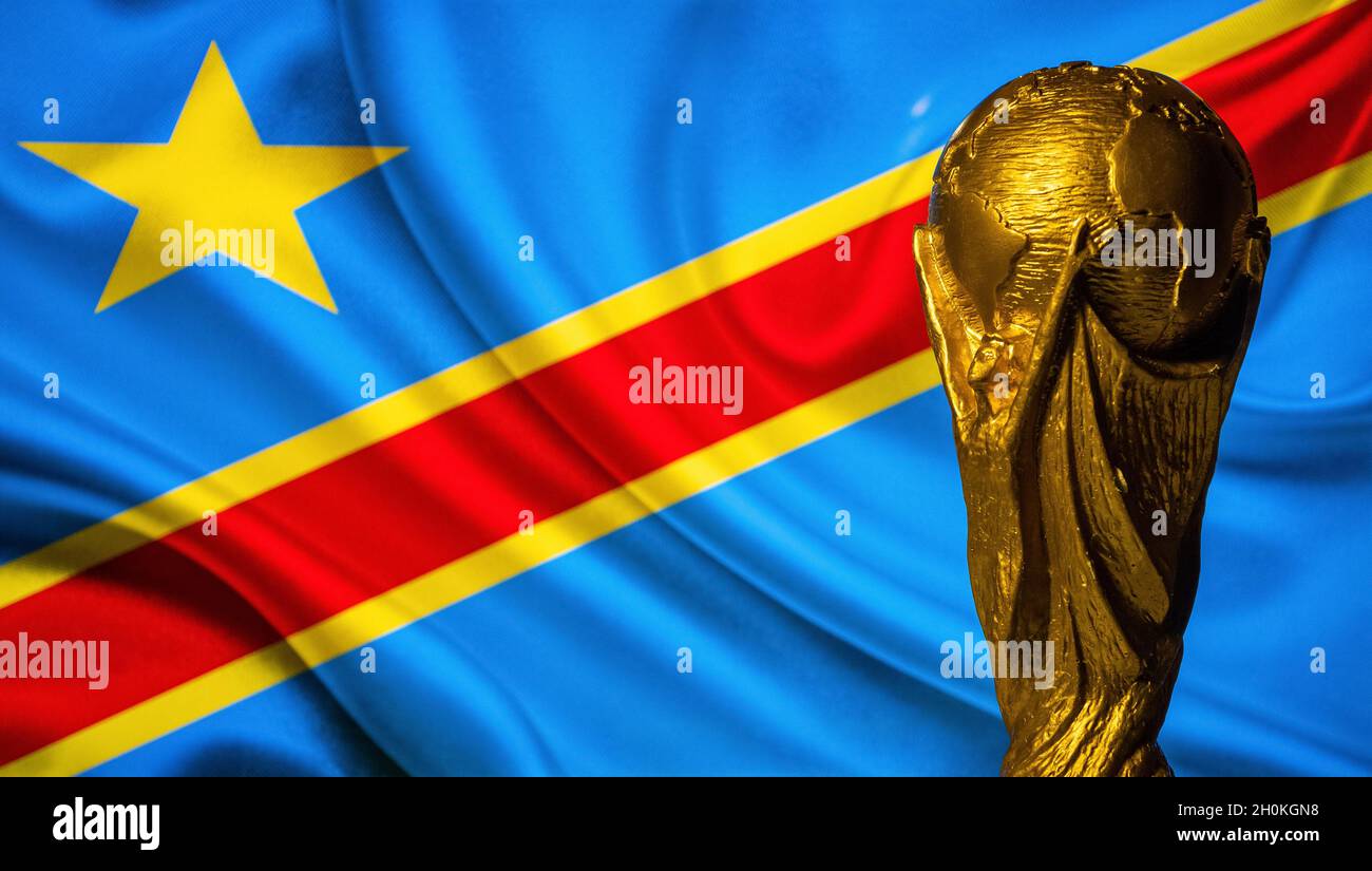 October 6, 2021 Kinshasa DR Congo. FIFA World Cup against the background of the flag of the Democratic Republic of the Congo. Stock Photo