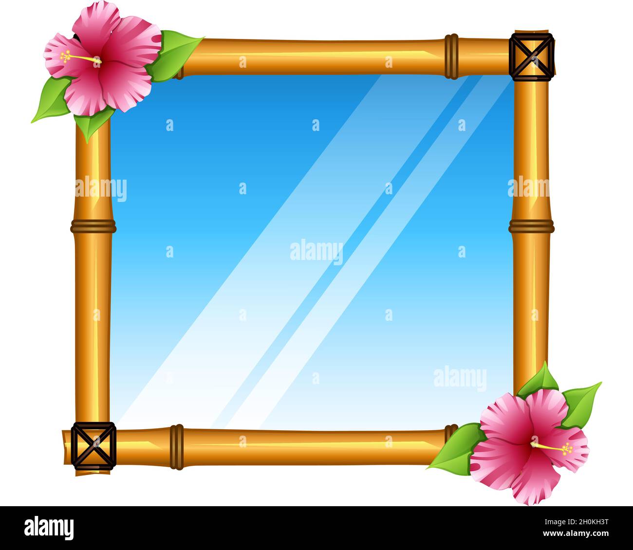 Bamboo Exotic Decorated Mirror Frame with Flowers. Vector Illustration Stock Vector
