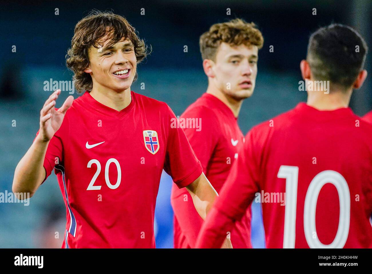 Drammen 20211012.Norway's Martin Palumbo cheers with teammates after the 3-0 goal during the U21 international match in football between Norway and Estonia at Marienlyst Stadium. Photo: Håkon Mosvold Larsen / NTB Stock Photo