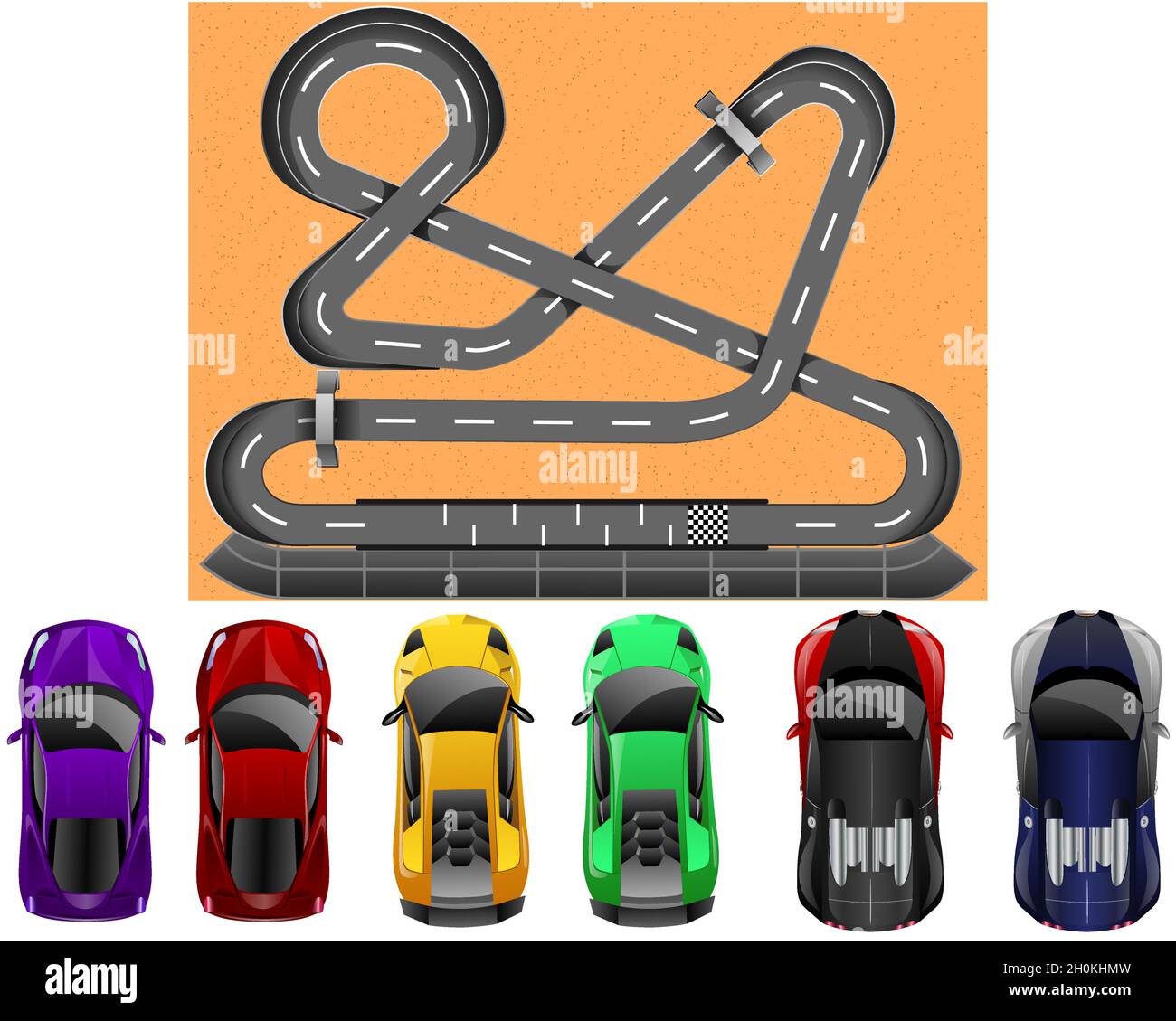 Realistic Glossy Race Cars Top View and Racing Track. Vector Illustration Background Stock Vector