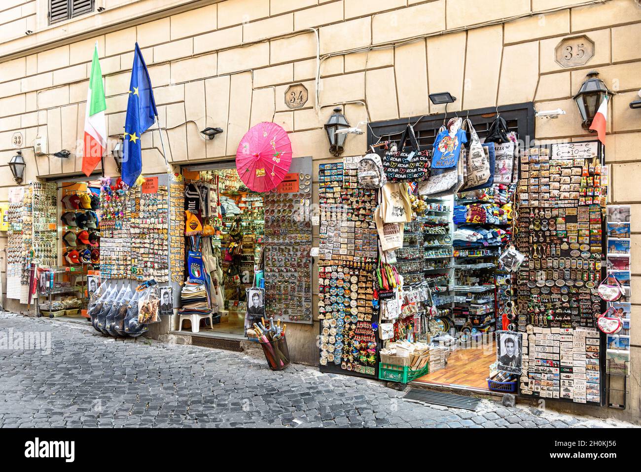 A souvenir shop on Via dei Lucchesi in Rome selling magnets and other ...