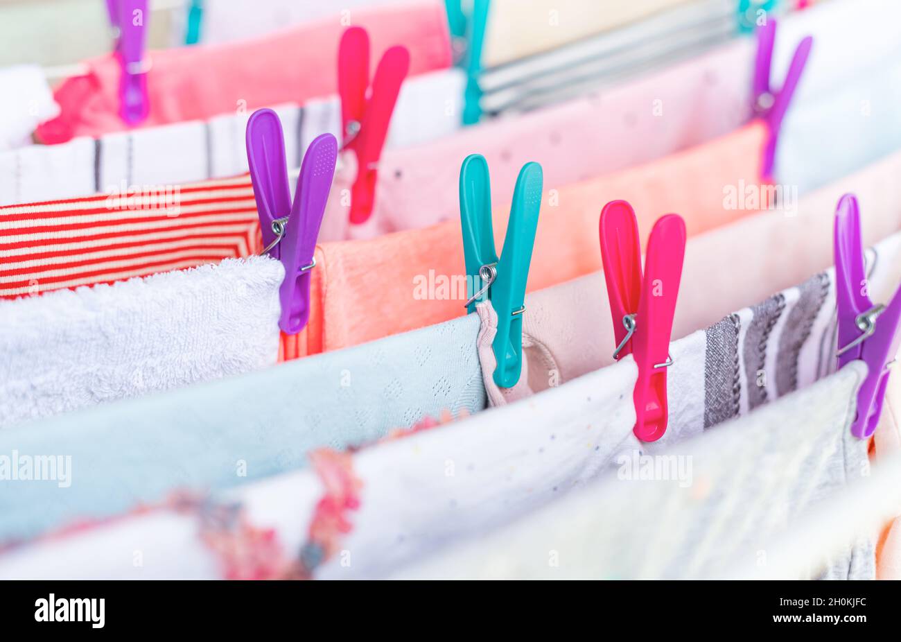 Different clothes dry on drying Stock Photo Alamy