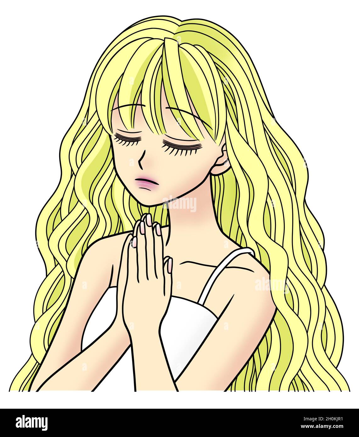 A young woman closing her eyes and holding her hands together in prayer. Stock Photo
