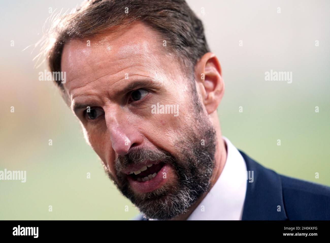 File photo dated 09-10-2021 of England manager Gareth Southgate is interviewed after the FIFA World Cup Qualifying match at Estadi Nacional, Andorra. Gareth Southgate will pore over an "unusually disjointed performance" against Hungary to ensure England put it right and wrap up World Cup qualification next month. Issue date: Wednesday October 13, 2021. Stock Photo