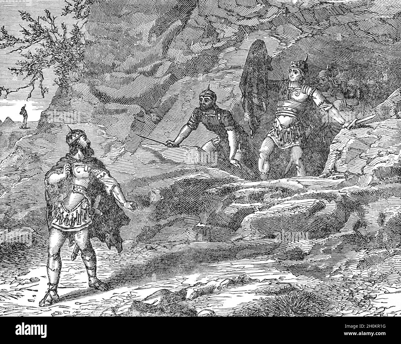 A late 19th Century illustration from the Book of Samuel, in the old Testament, of the occasion when David spared the life of King Saul in the cave at En Gedi, a large oasis on the western shore of the Dead Sea. David spared his life, but not the skirt of his robe which was cut off, to be visible token to the king of his exposure to David's power. Stock Photo