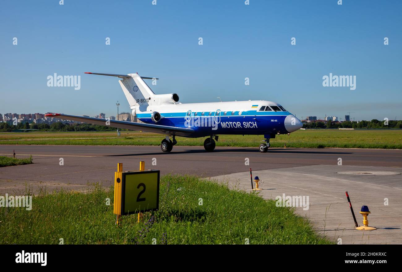 Kyiv, Ukraine - June 27, 2020: Aircraft Yakovlev Yak-40, Motor Sich Airlines. Plane UR-88310 Stock Photo