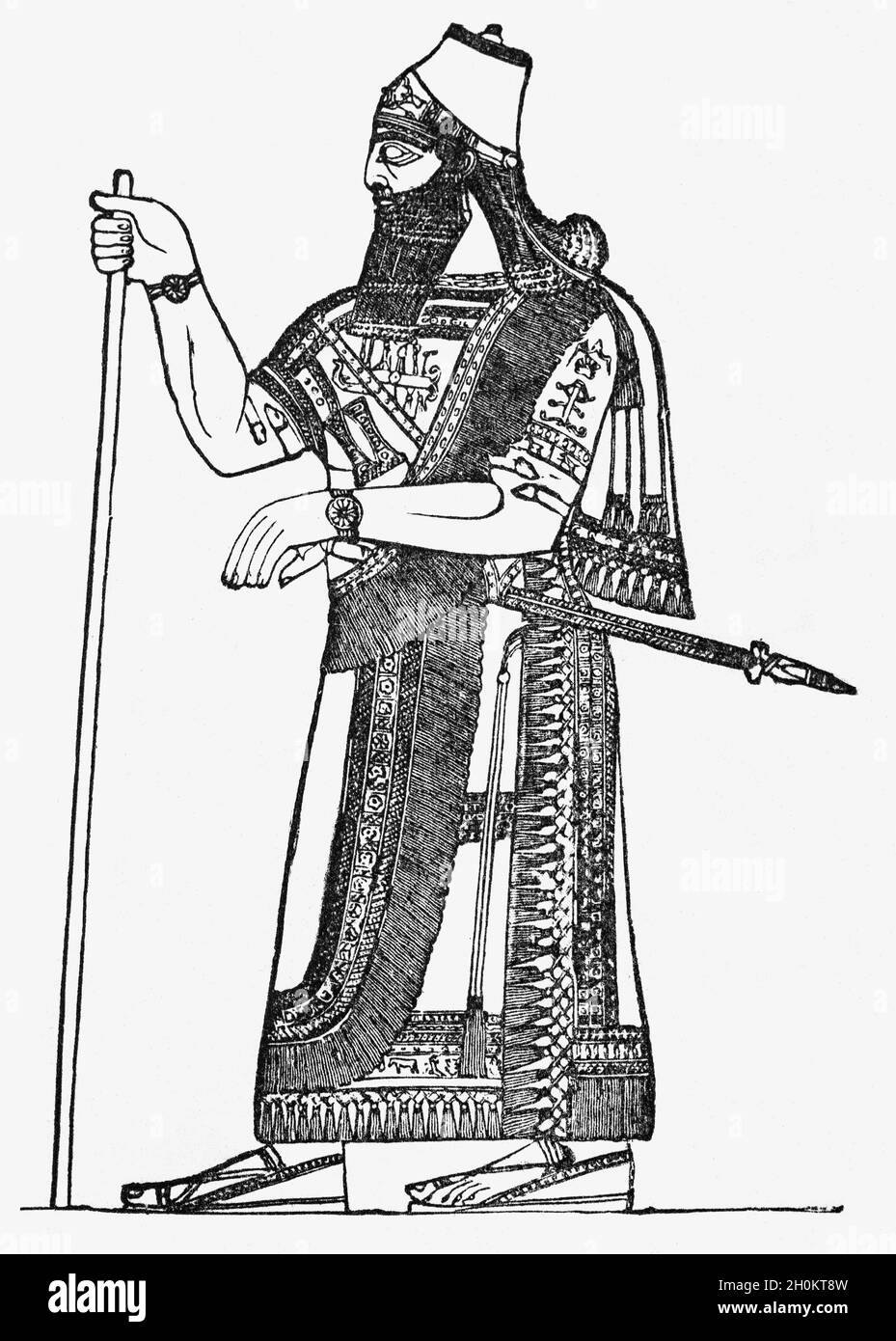 A late 19th Century portrait of King Sargon, King of Assyria and the first person in recorded history to create an empire or multi-ethnic state. His empire encompassed the region of the Tigris and Euphrates rivers, and part of what is present-day Turkey. He was the founder of Mesopotamian military traditions and during his reign of 56 years, invaded all the cities in the Middle East and as far as the Arabian Gulf. Stock Photo