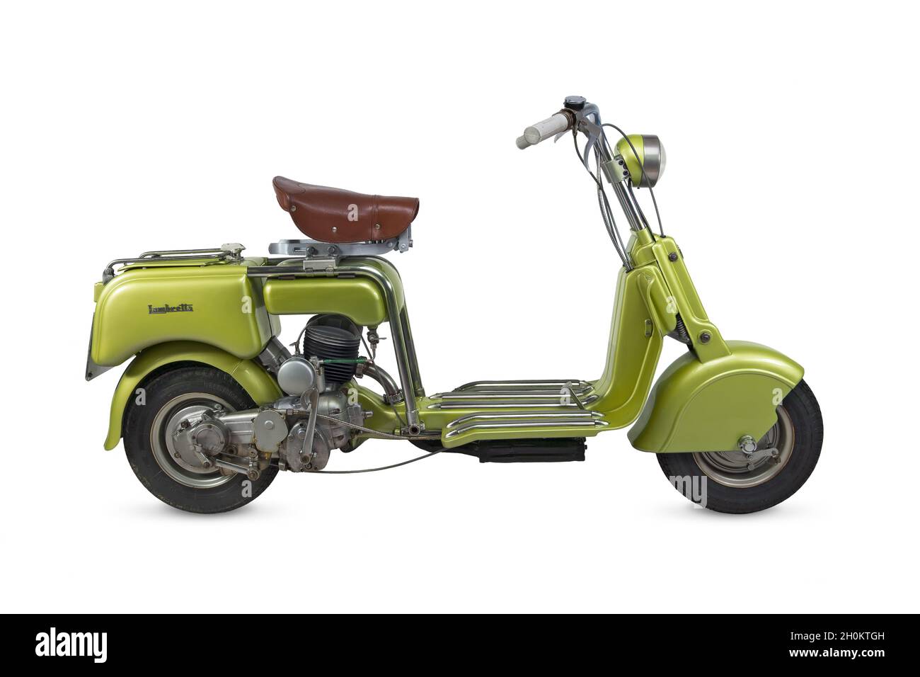 Vintage green Lambretta motorcycle - 1947- isolated on white background - Italy -first lambretta made - mod Stock Photo