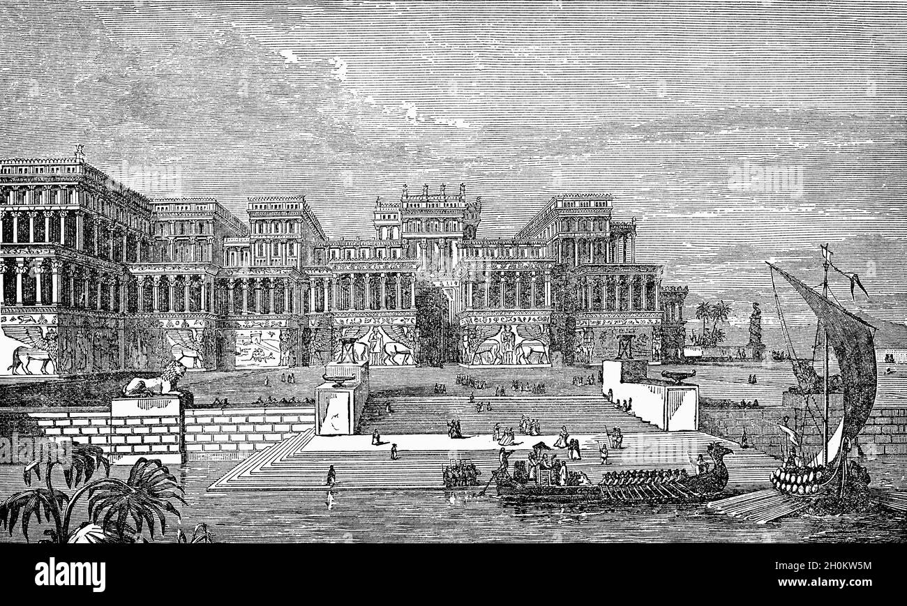 A late 19th Century illustration of the Royal Palace in Nineveh, an ancient Assyrian city of Upper Mesopotamia, located on the outskirts of Mosul in modern-day northern Iraq. It is located on the eastern bank of the Tigris River and was the capital and largest city of the Neo-Assyrian Empire, as well as the largest city in the world for several decades. Stock Photo