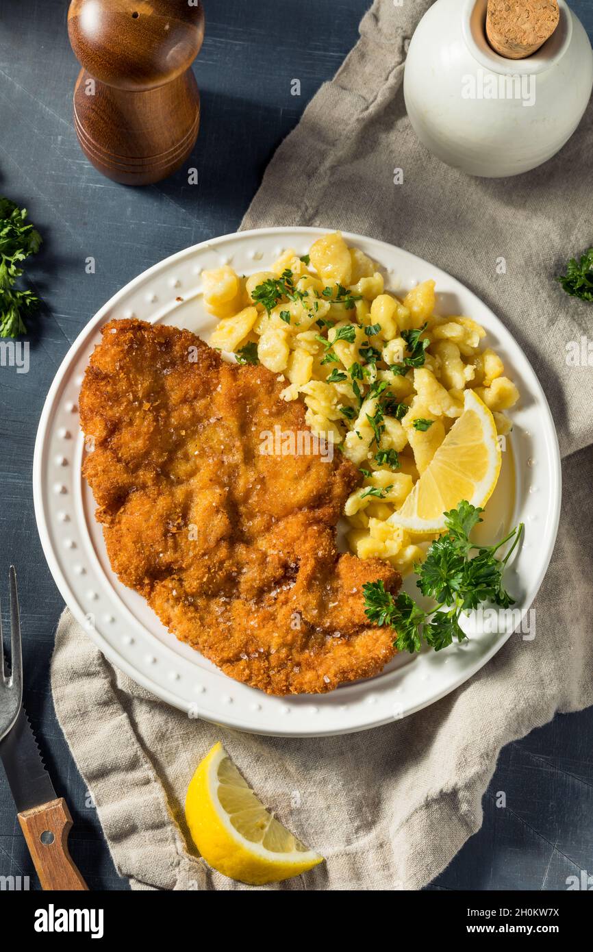 Homemade German Pork Schnitzel with Egg Spaetzle Stock Photo Alamy