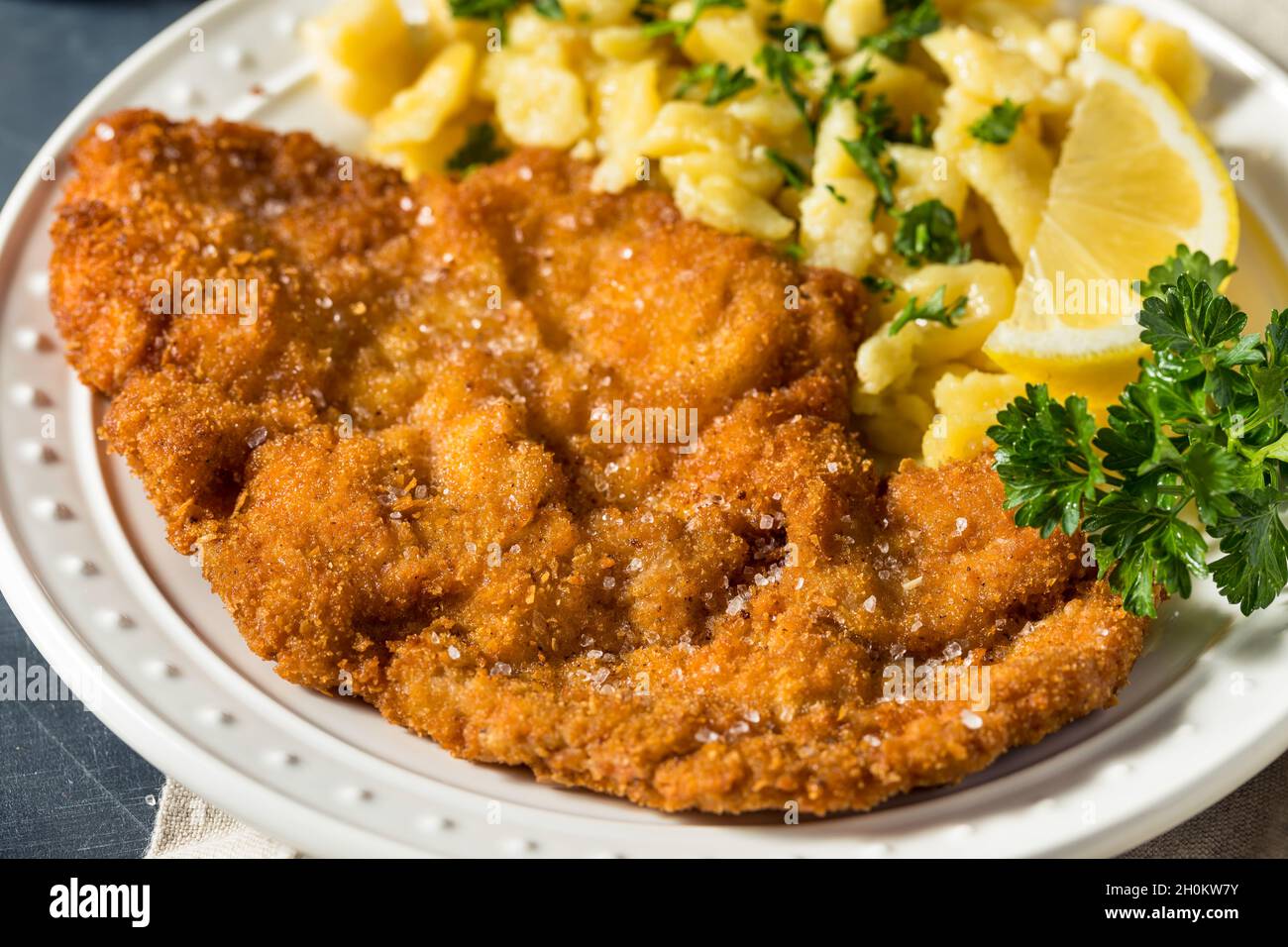 Homemade German Pork Schnitzel with Egg Spaetzle Stock Photo - Alamy