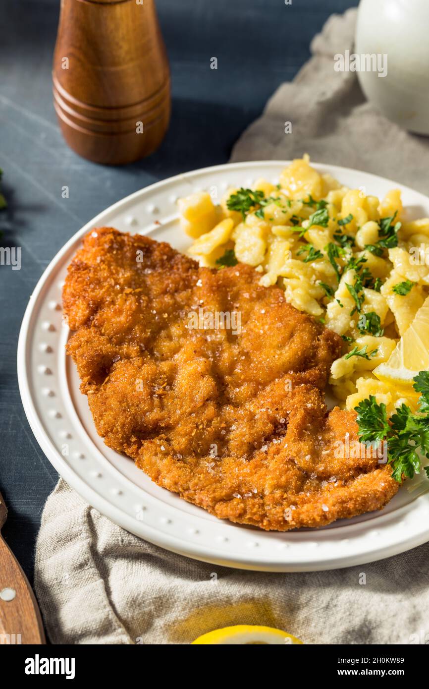 Homemade German Pork Schnitzel with Egg Spaetzle Stock Photo Alamy