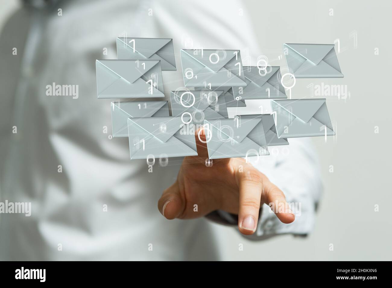 3D rendering of a man pointing at floating email icons - Concept of ...