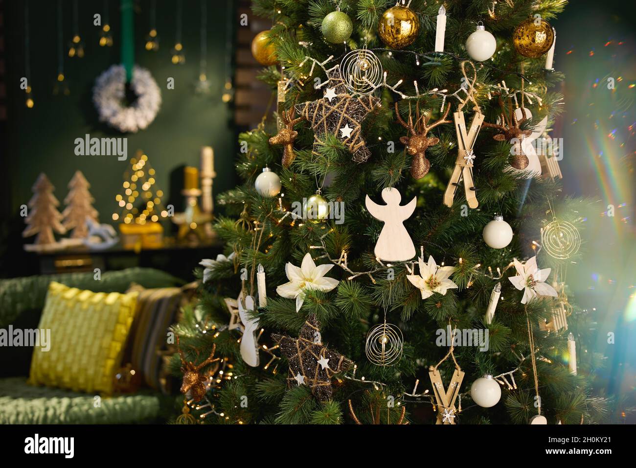 Christmas decorated green modern home with big Christmas tree. Stock Photo