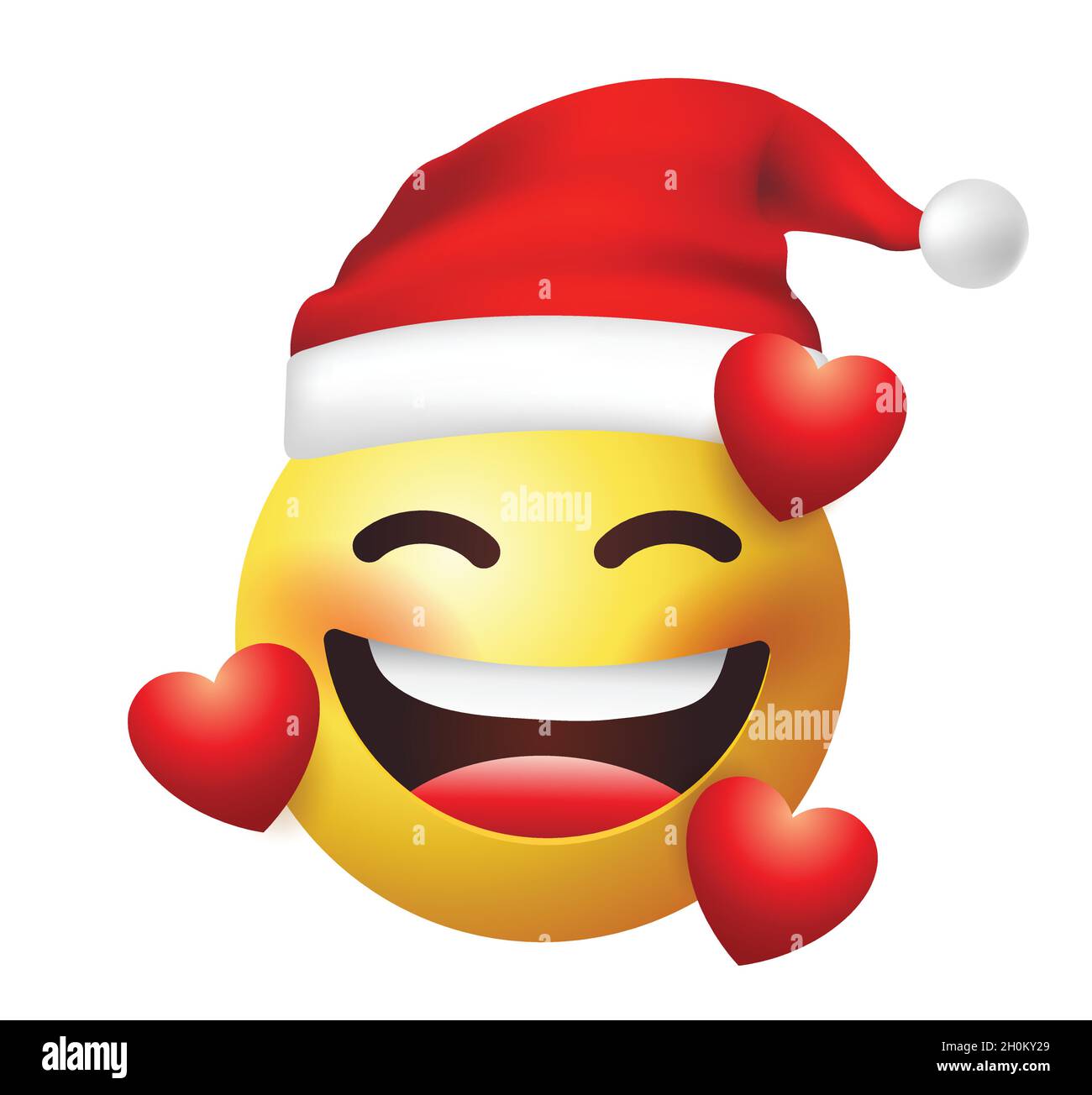 High quality emoticon on white background. Santa Claus emoji blushing in love with red hearts. Yellow face emoji in love with closed eyes. Xmas emoji. Stock Vector