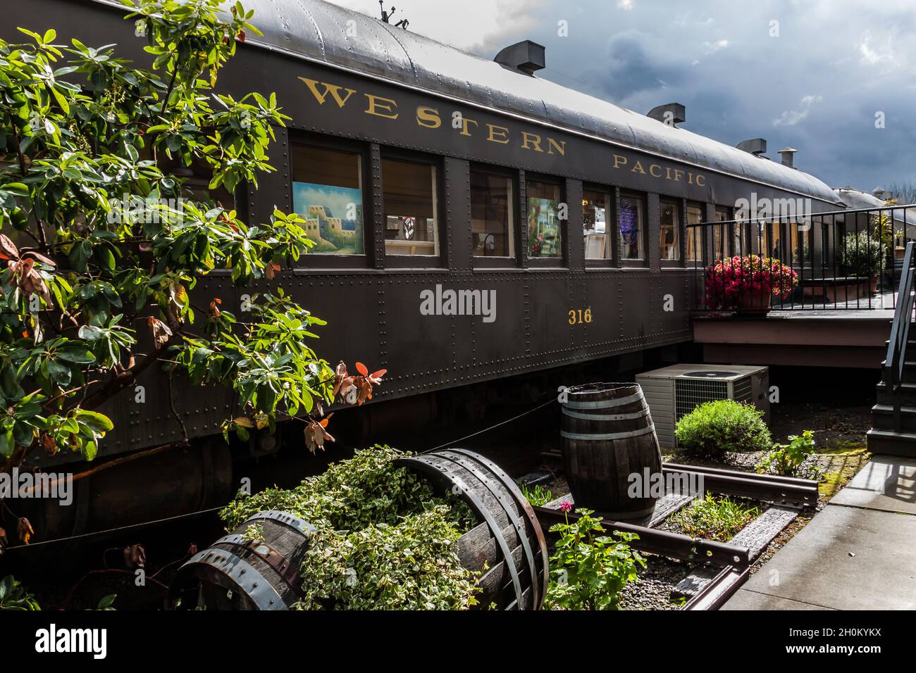 The Calistoga Railroad Depot and the Old Passenger Railroad Cars in Downtown Calistoga, California, USA Stock Photo