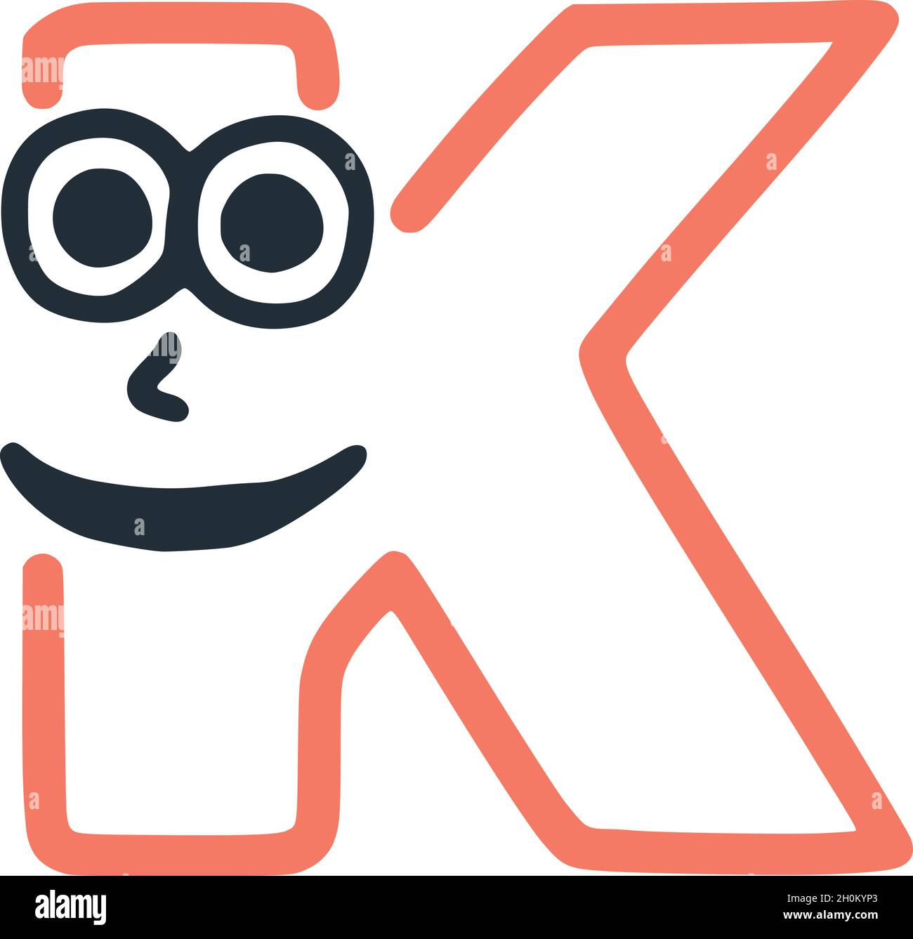 Letter k happy eccentric smiling character, smiley face vector clip art