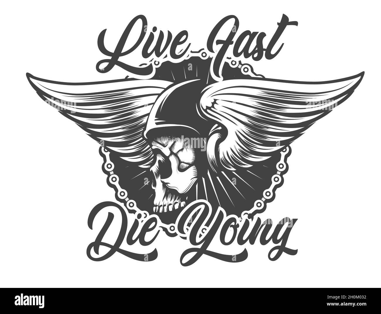Emblem of Skull in Biker Helmet with Wings and wording Live Fast Die Young isolated on White Vector illustration. Stock Vector