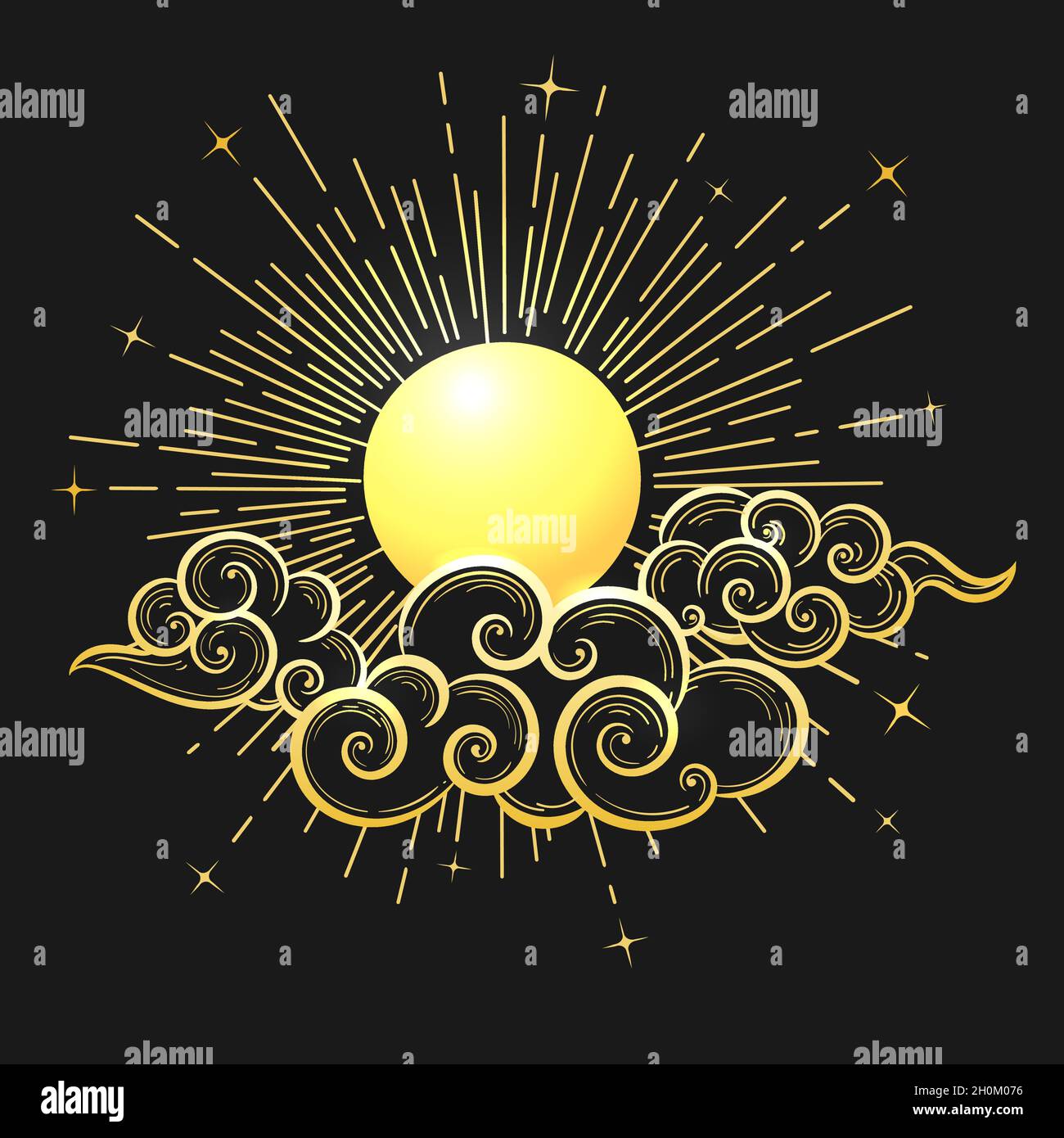 Hand drawn Sun and Clous in the sky on black background. Decorative graphic design in oriental style. Vector illustration Stock Vector