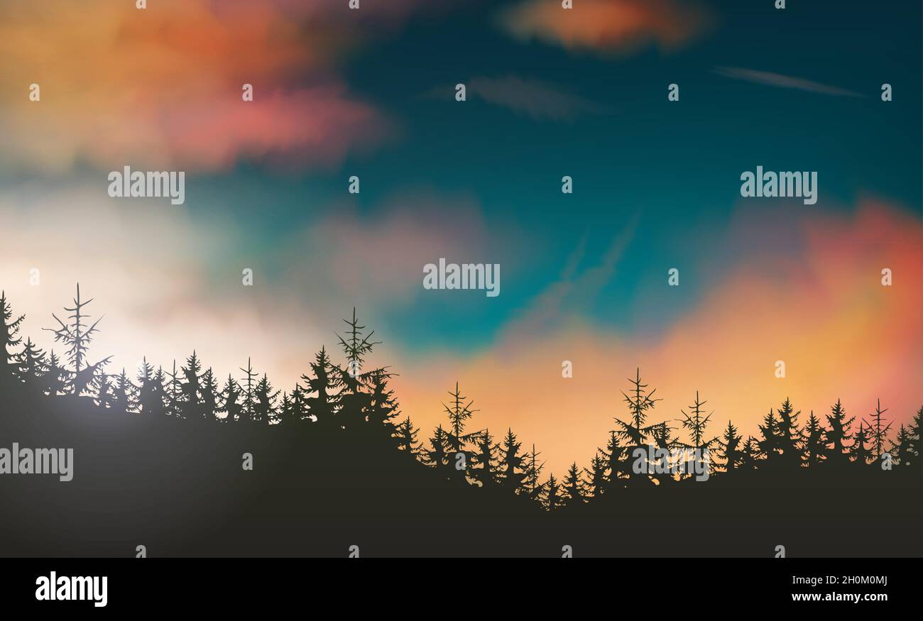 Night forest and mountains red and blue night sky and sunset landscape, vector illustration. Stock Vector