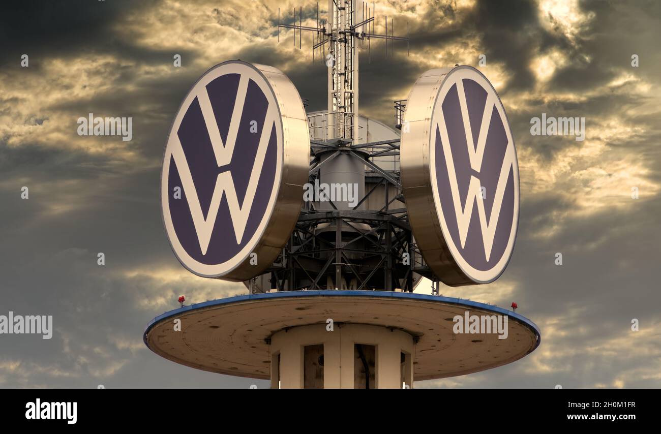 VW logo of Volkswagen AG on top of a radio tower in downtown Hanover, Germany, May 23, 2020. Stock Photo