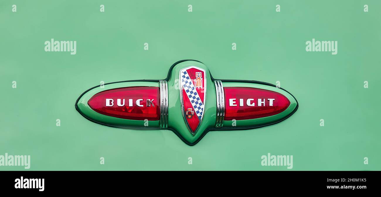 Buick Eight lettering and logo on a green American road cruiser in Lehnin, Germany, September 12, 2021. Stock Photo