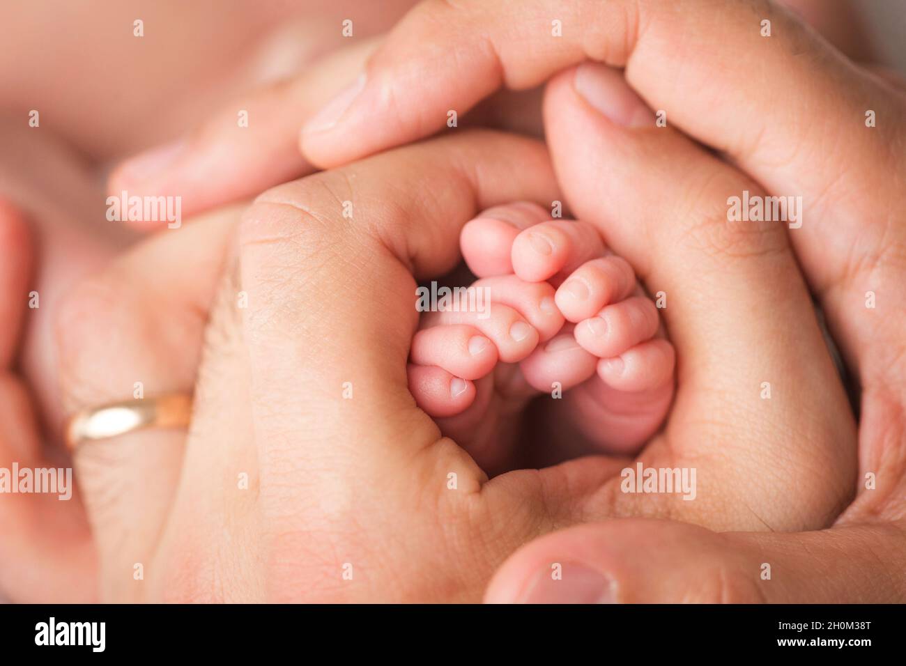 Loving parent hold baby's legs. Happy childhood. Parental care.  Stock Photo