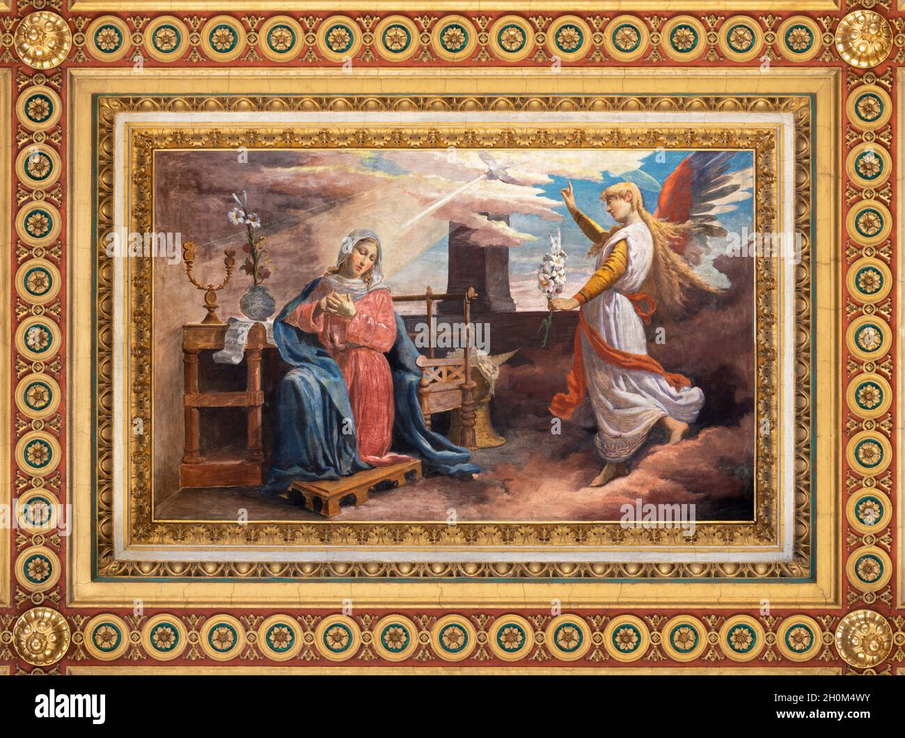 ROME, ITALY - AUGUST 31, 2021: The ceiling fresco of Annunciation in the church Chiesa del Sacro Cuore di Gesù by Virginio Monti (1852 - 1942). Stock Photo